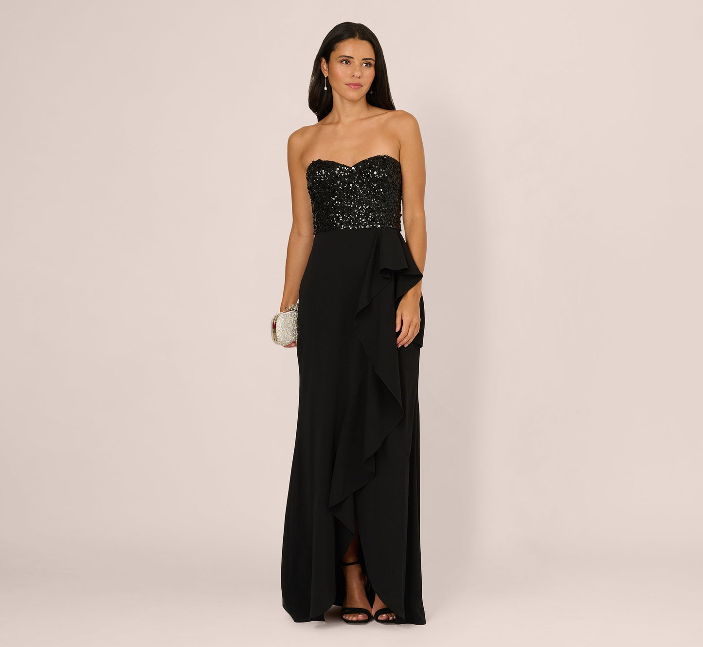 Strapless Sequin Ruffle Combo Gown In Black