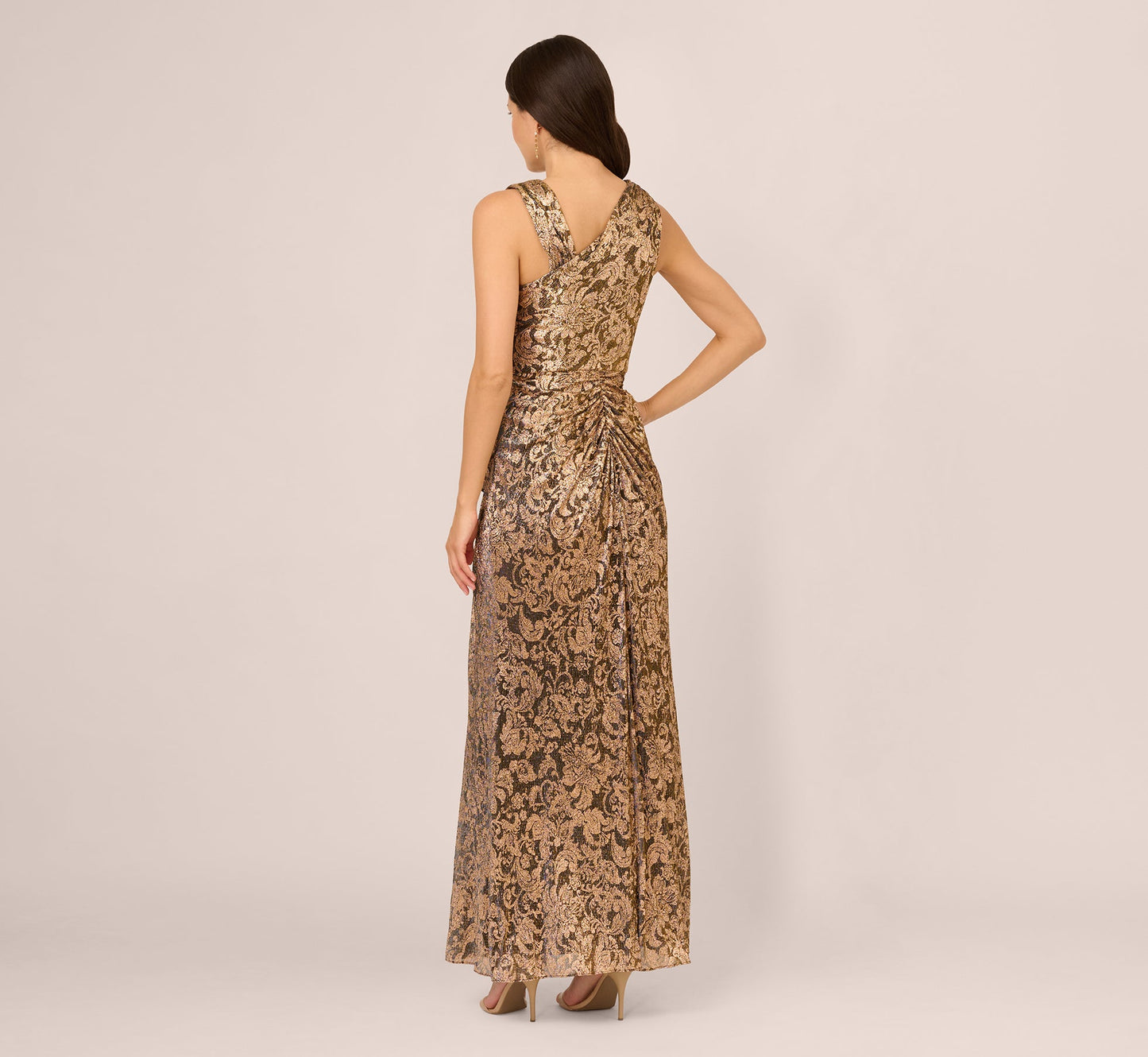 Sleeveless Asymmetrical Damask Metallic Gown In Chocolate