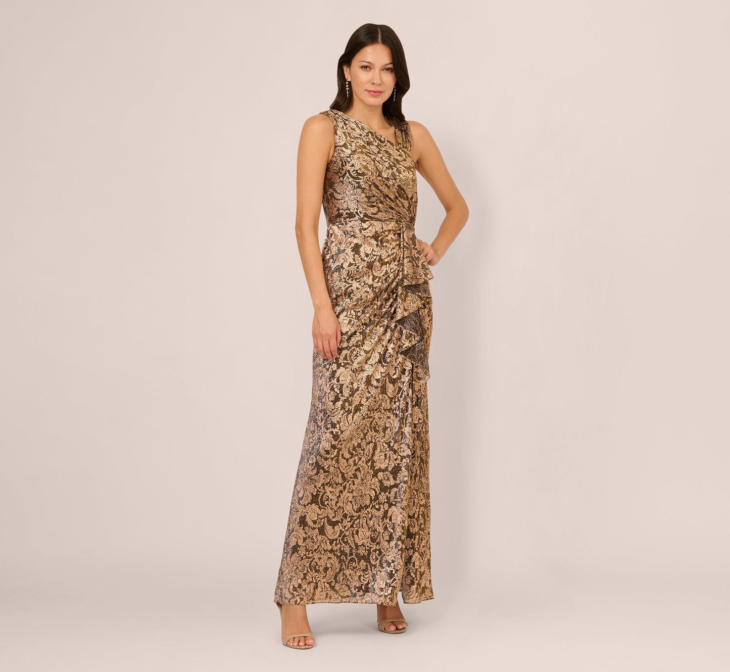 Sleeveless Asymmetrical Damask Metallic Gown In Chocolate