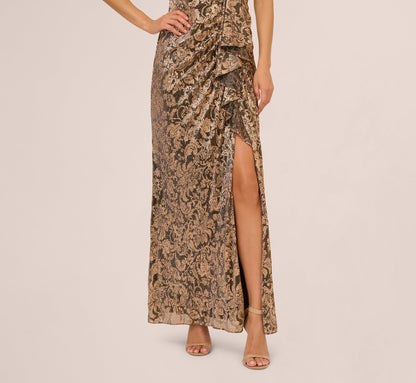 Sleeveless Asymmetrical Damask Metallic Gown In Chocolate