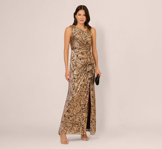 Sleeveless Asymmetrical Damask Metallic Gown In Chocolate