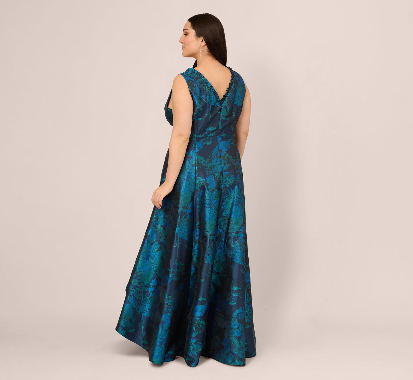Plus Size Ruffle Floral Jacquard High Low Gown In Cobalt Multi