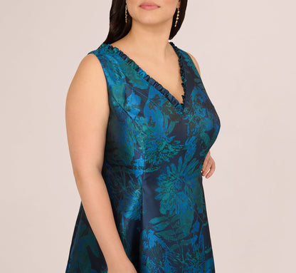 Plus Size Ruffle Floral Jacquard High Low Gown In Cobalt Multi