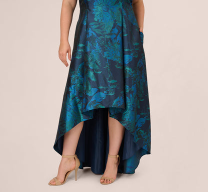 Plus Size Ruffle Floral Jacquard High Low Gown In Cobalt Multi