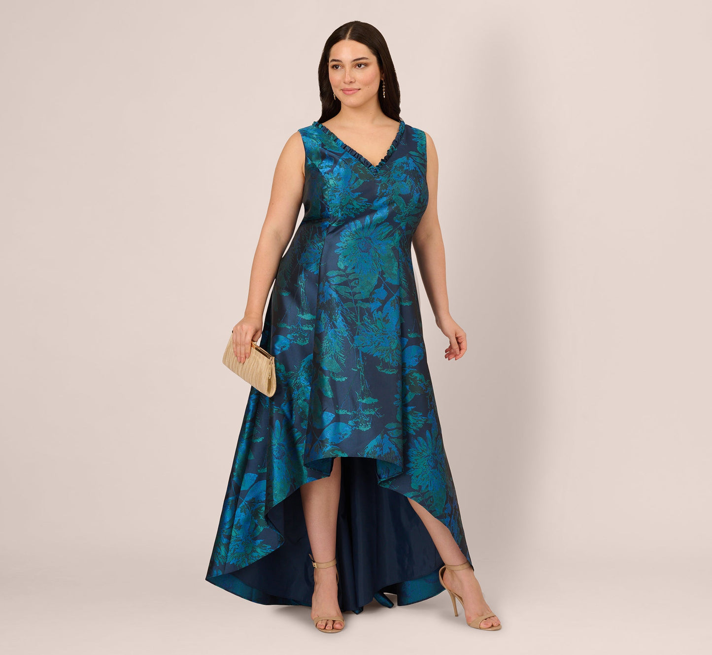 Plus Size Ruffle Floral Jacquard High Low Gown In Cobalt Multi