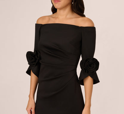 Off Shoulder Three Quarter Rosette Sleeve Cocktail Dress In Black