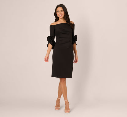 Off Shoulder Three Quarter Rosette Sleeve Cocktail Dress In Black