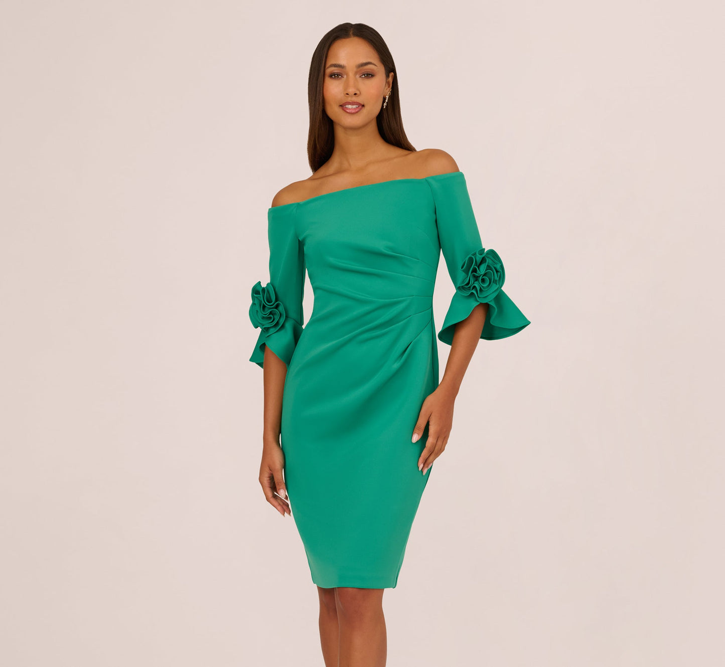 Off Shoulder Three Quarter Rosette Sleeve Cocktail Dress In Emerald