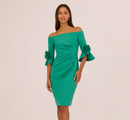 Off Shoulder Three Quarter Rosette Sleeve Cocktail Dress In Emerald