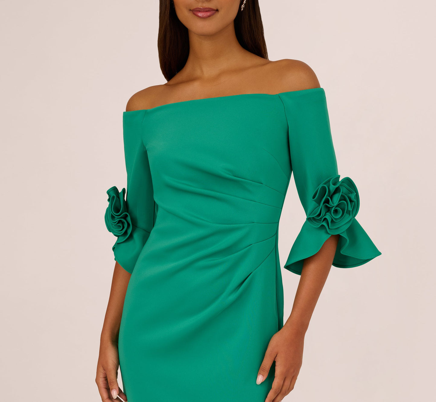 Off Shoulder Three Quarter Rosette Sleeve Cocktail Dress In Emerald