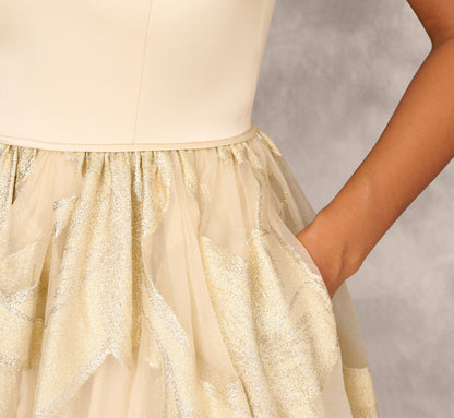 Metallic Jacquard Sleeveless Ball Gown With Crinoline Details In Light Gold