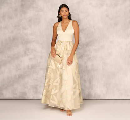 Metallic Jacquard Sleeveless Ball Gown With Crinoline Details In Light Gold