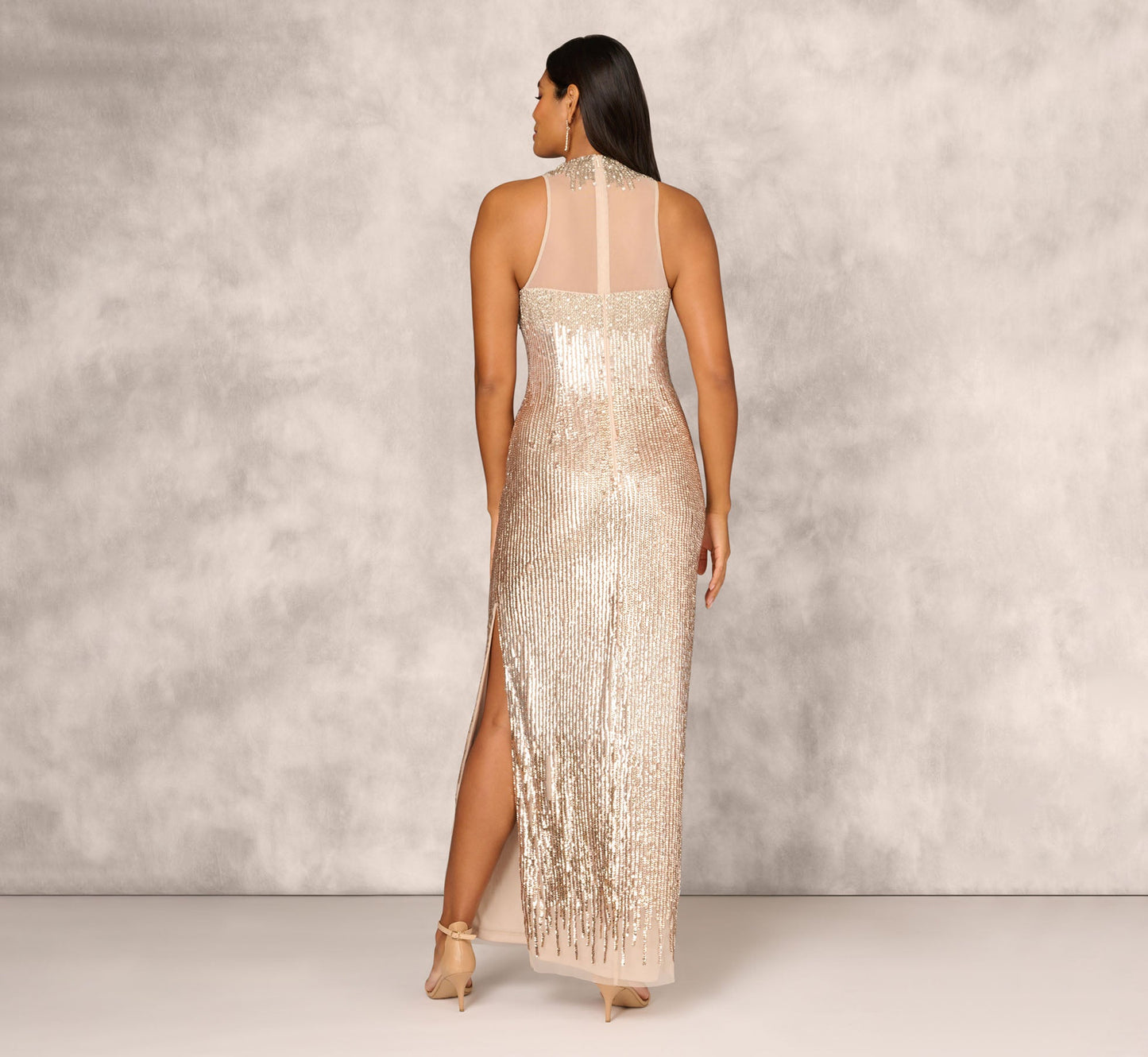 Sleeveless Beaded Column Gown With Illusion Neckline In Champagne