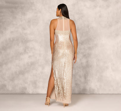 Sleeveless Beaded Column Gown With Illusion Neckline In Champagne