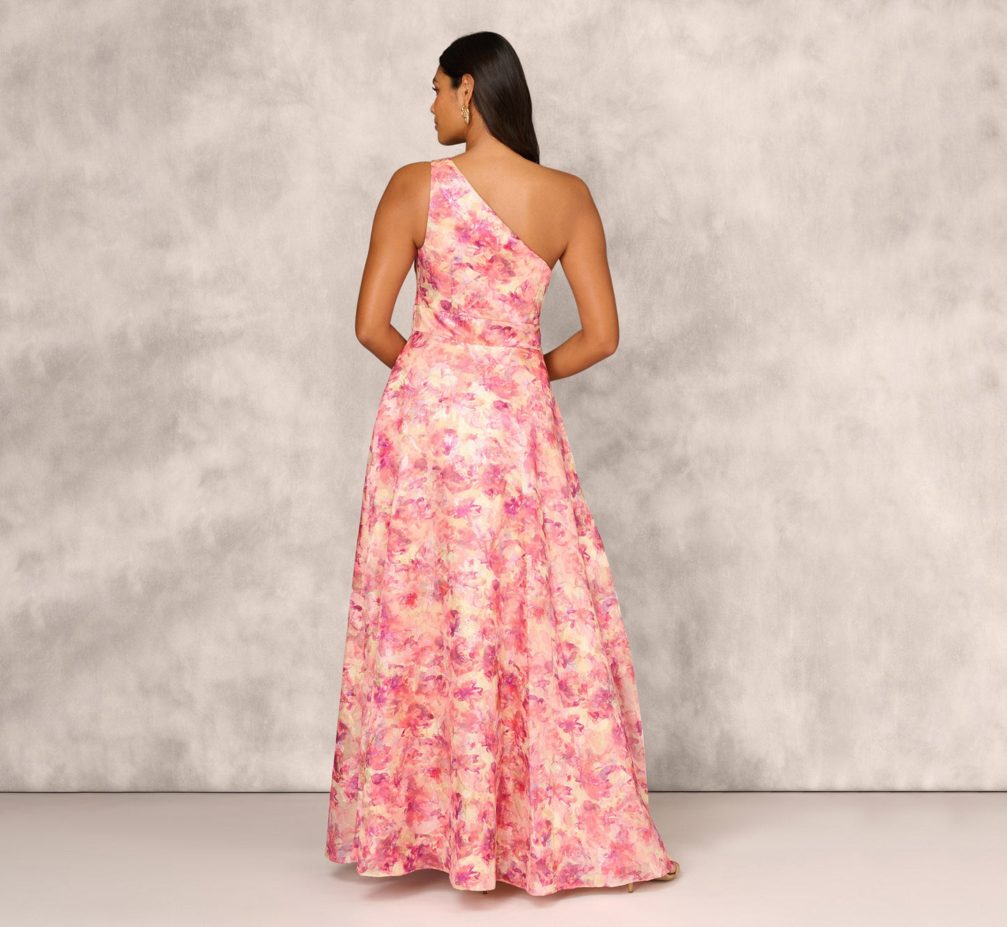 Printed Jacquard One Shoulder Ball Gown With Pleat Details In Red Multi