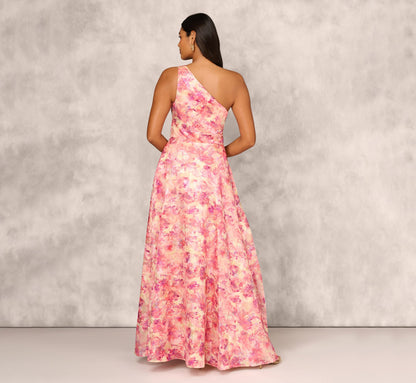 Printed Jacquard One Shoulder Ball Gown With Pleat Details In Red Multi