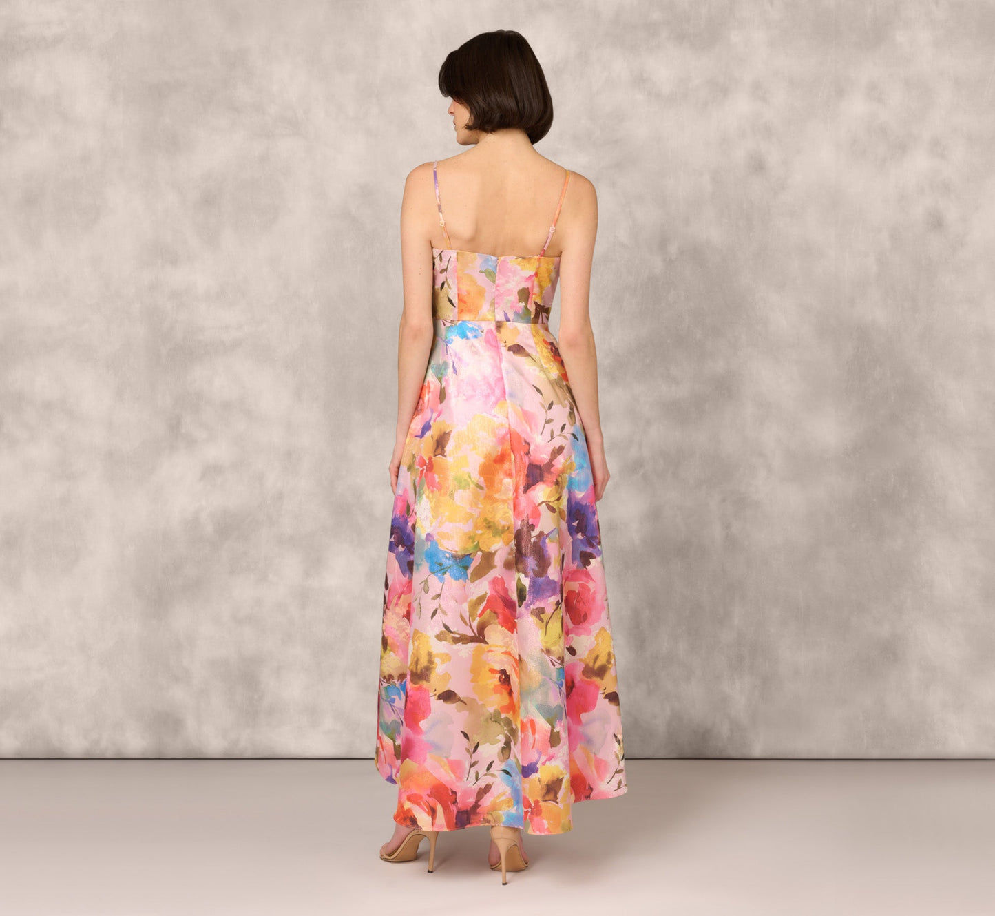 Multicolor Metallic Floral Print Jacquard High Low Gown With Pockets In Pink Multi