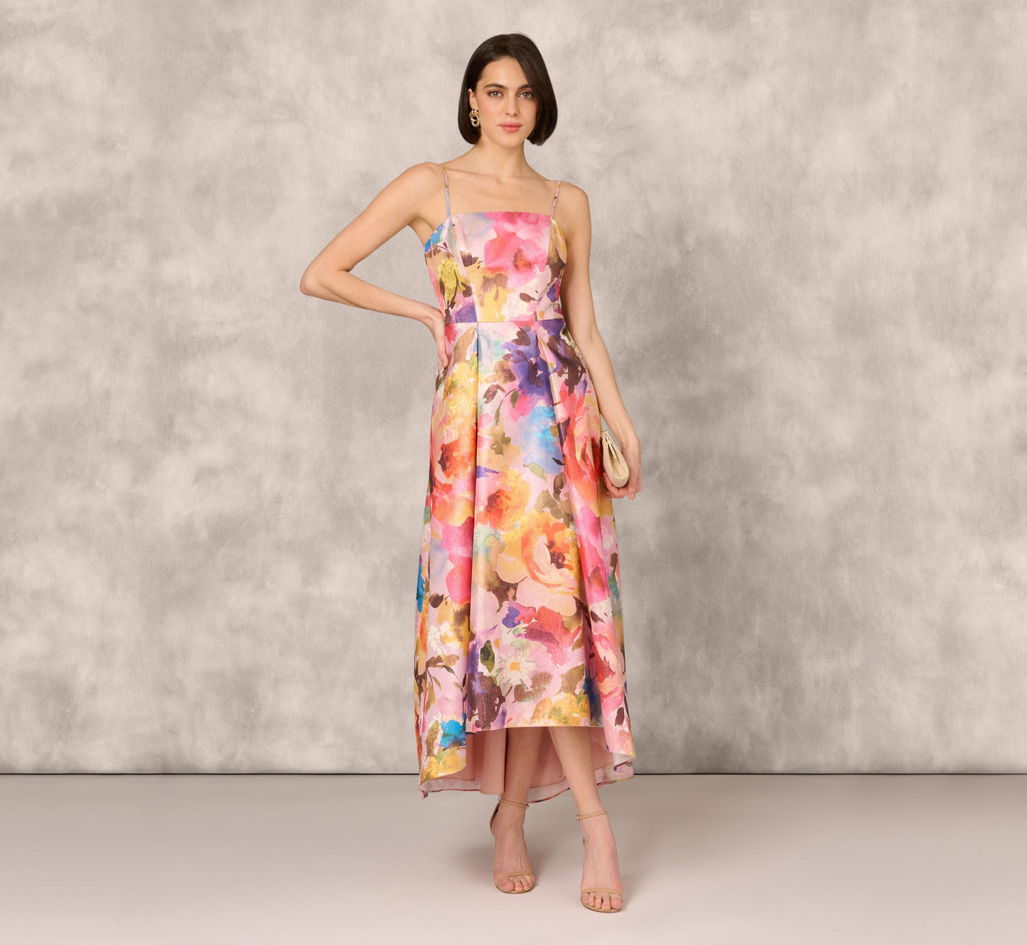 Multicolor Metallic Floral Print Jacquard High Low Gown With Pockets In Pink Multi