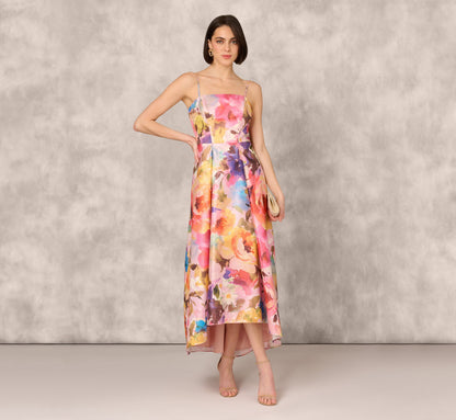 Multicolor Metallic Floral Print Jacquard High Low Gown With Pockets In Pink Multi