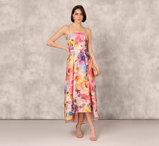 Multicolor Metallic Floral Print Jacquard High Low Gown With Pockets In Pink Multi