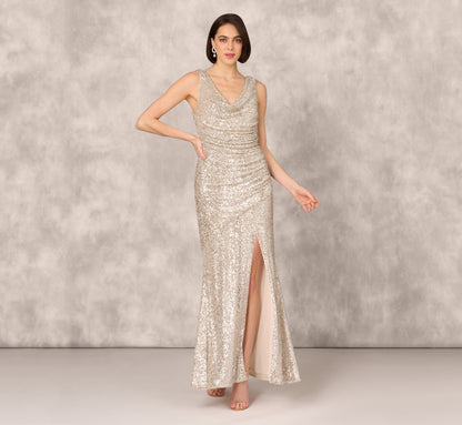 Stretch Sequin Sleeveless Cowl Neck Gown With Gathered Details In Champagne Silver