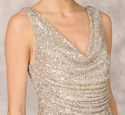 Stretch Sequin Sleeveless Cowl Neck Gown With Gathered Details In Champagne Silver