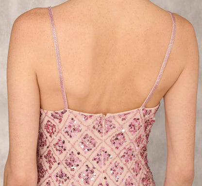 Geometric Sequin Beaded Gown With Scoop Neckline In Pink Multi