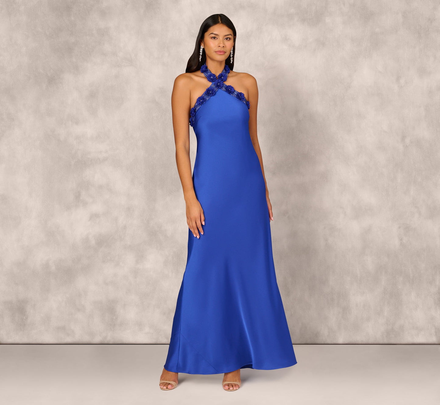 Satin Floral Beaded Halter Mermaid Gown In Deep Sapphire