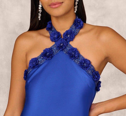 Satin Floral Beaded Halter Mermaid Gown In Deep Sapphire