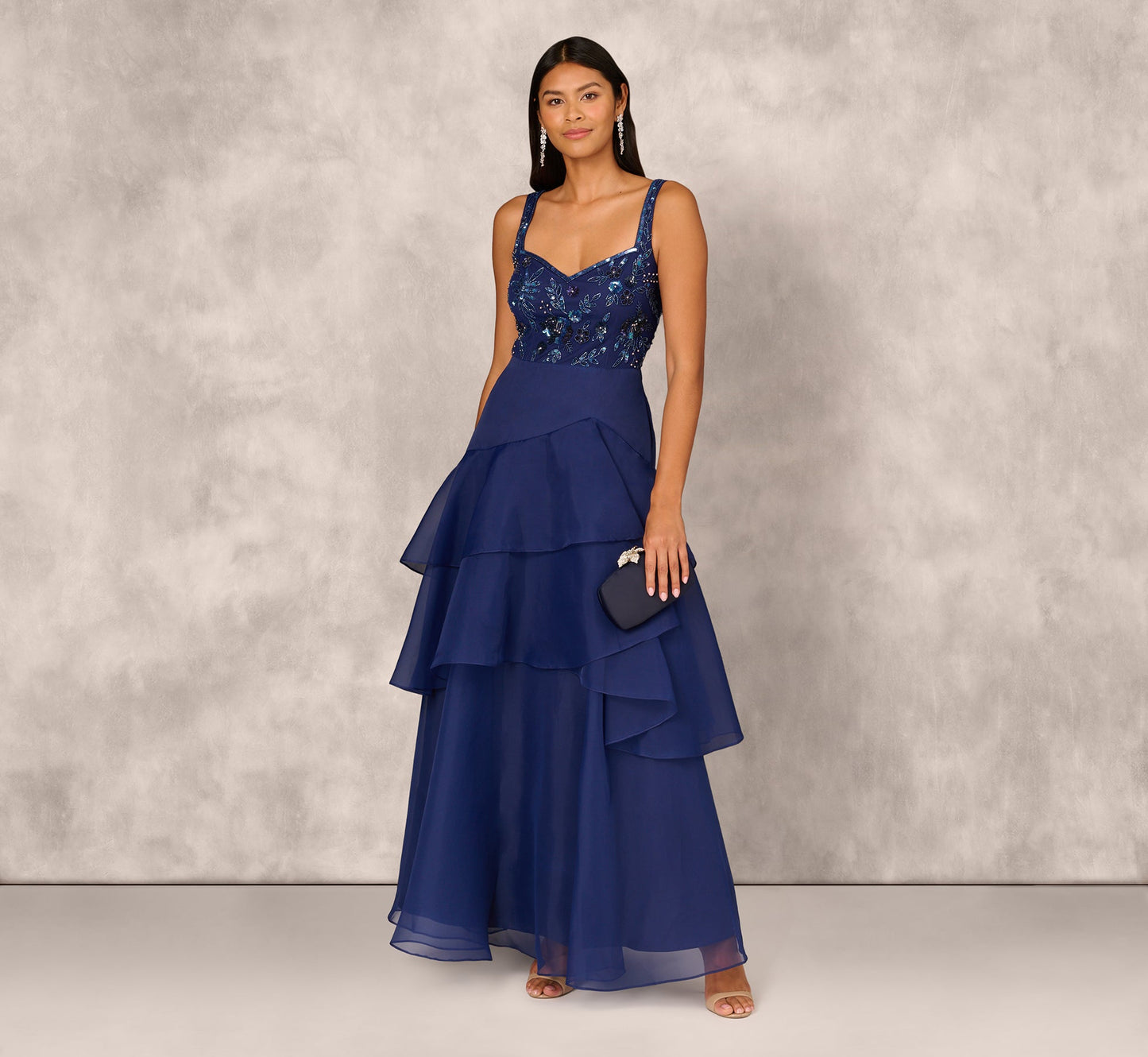 Tiered Organza Gown With Beaded Bodice In Navy
