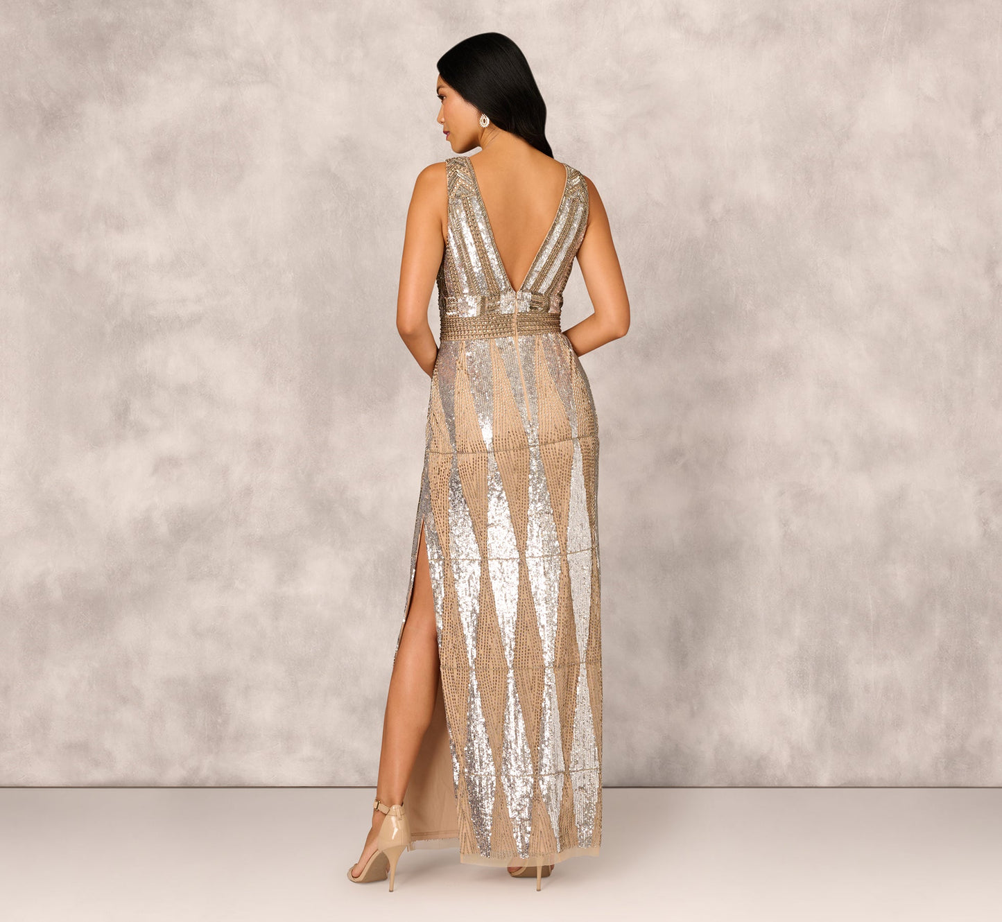 Fully Beaded Plunge Long Dress In Silver Multi