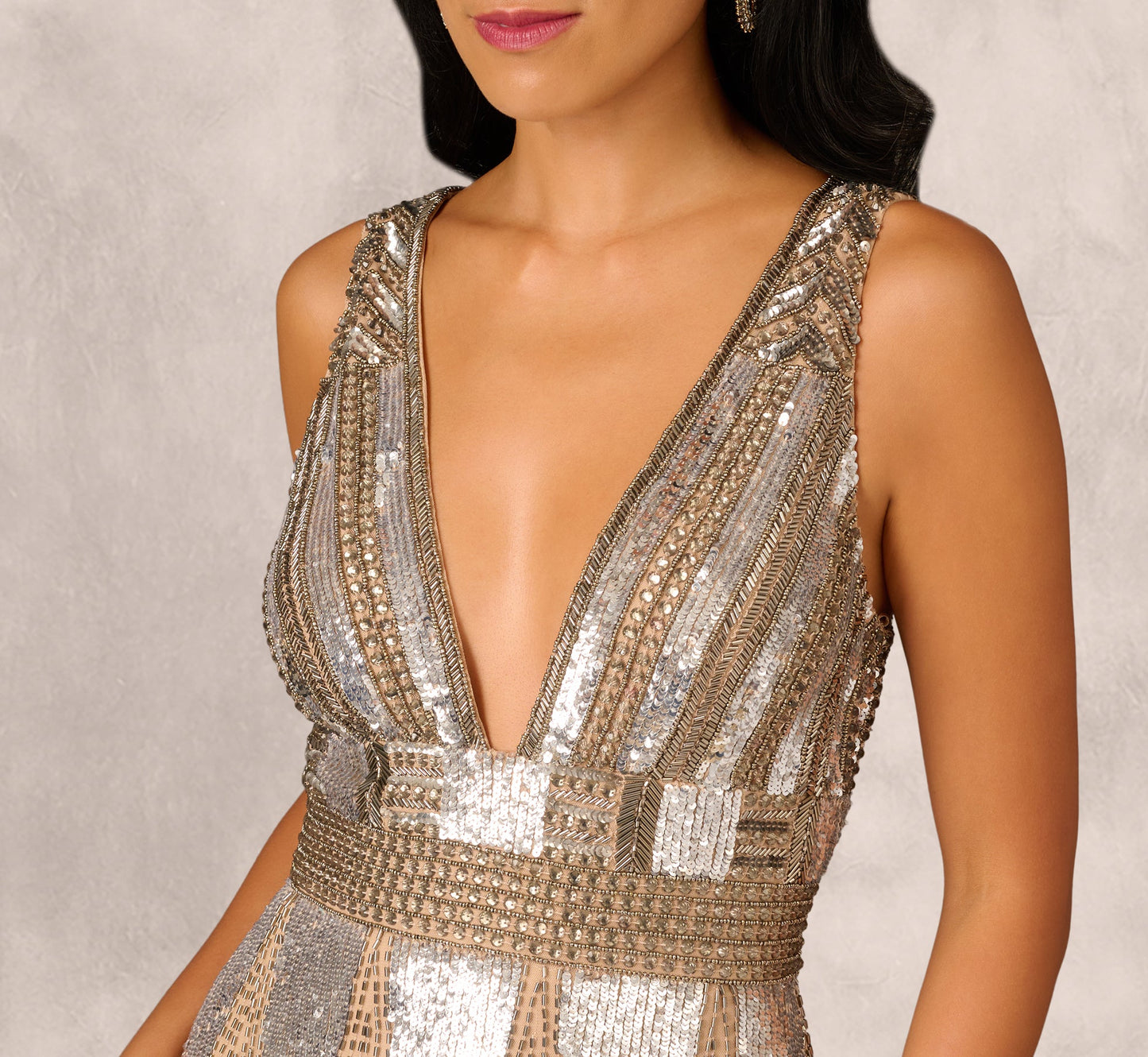 Fully Beaded Plunge Long Dress In Silver Multi