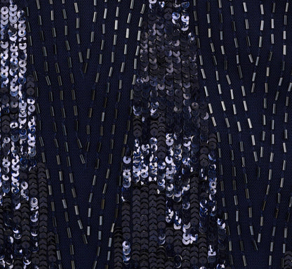 Fully Beaded Plunge Long Dress In Navy Gunmetal