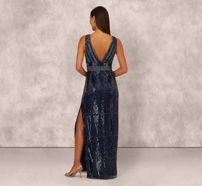 Fully Beaded Plunge Long Dress In Navy Gunmetal