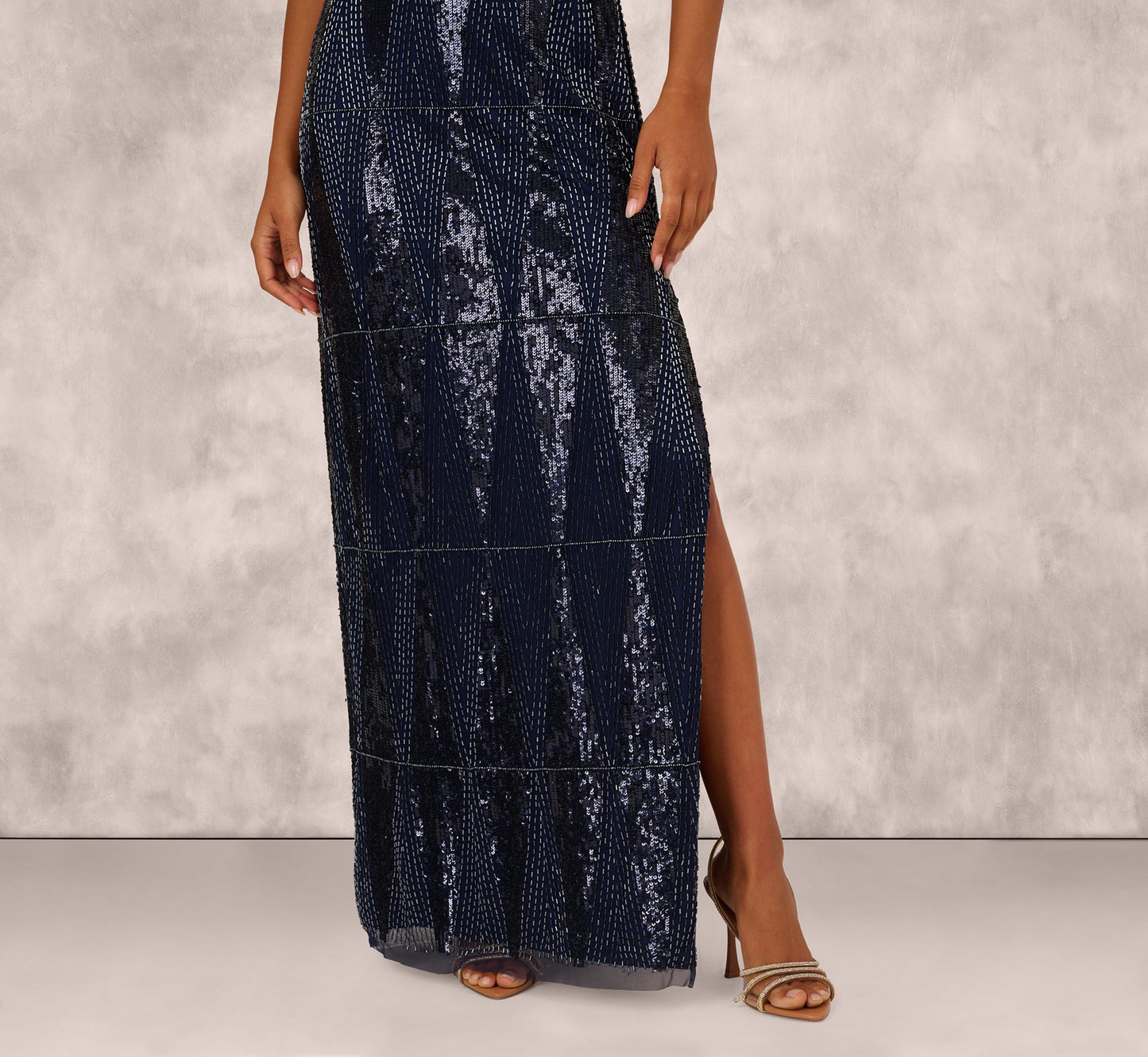 Fully Beaded Plunge Long Dress In Navy Gunmetal