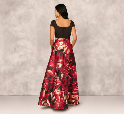 Combo Fabric Cap Sleeve Gown In Black Red Multi