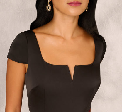 Combo Fabric Cap Sleeve Gown In Black Red Multi