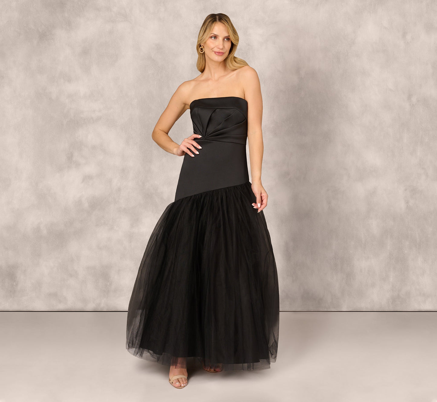 Strapless Mikado Ball Gown With Mesh Skirt In Black