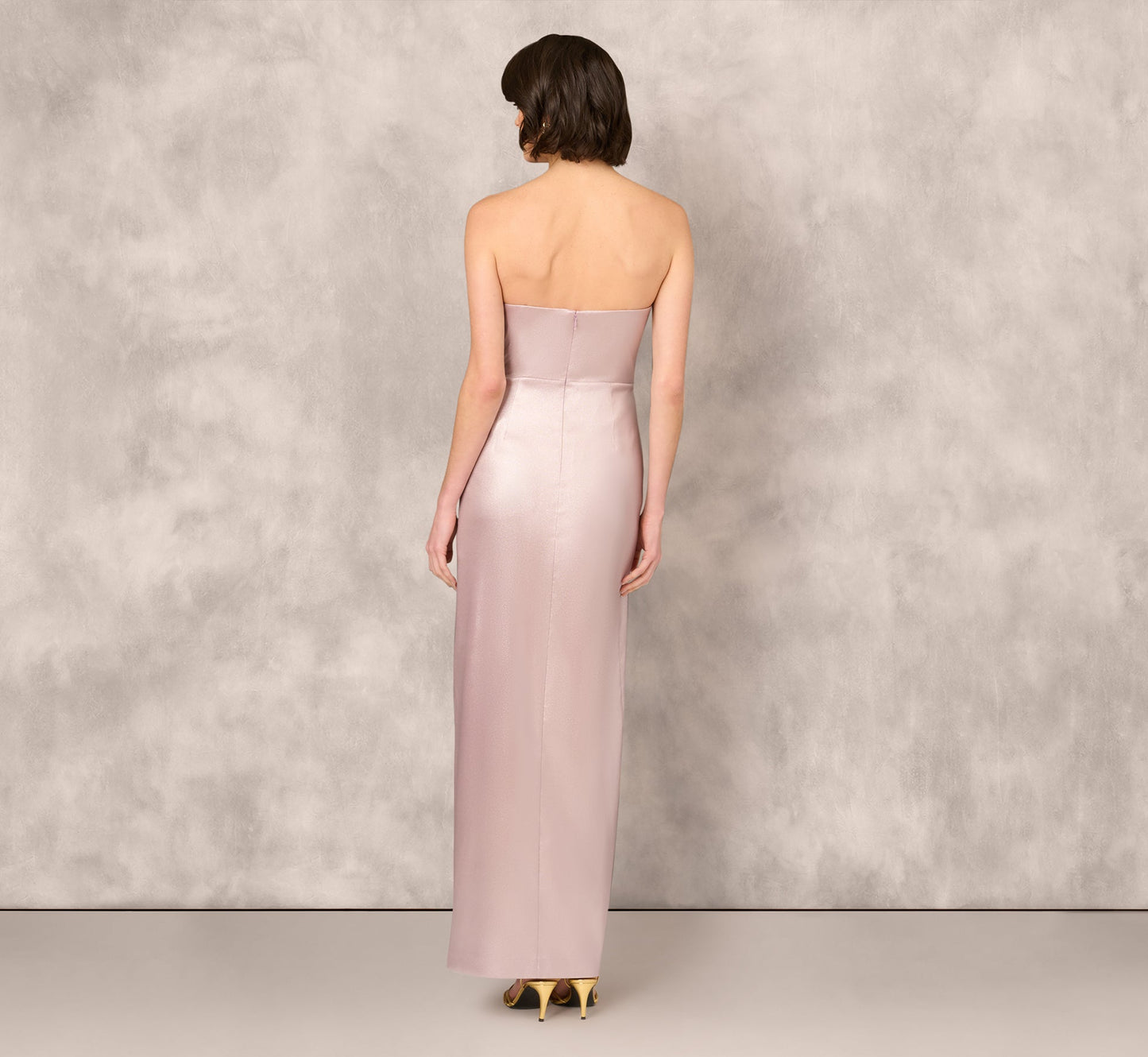 Strapless Draped Foil Mikado Gown In Mauve Silver