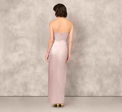 Strapless Draped Foil Mikado Gown In Mauve Silver
