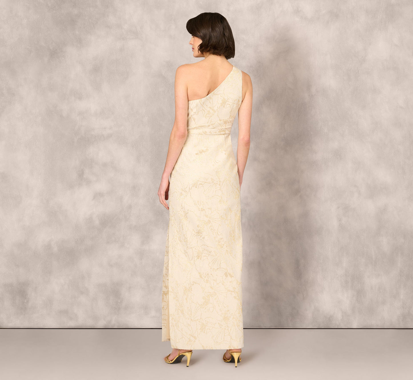 One Shoulder Metallic Stretch Jacquard Column Gown In Light Gold