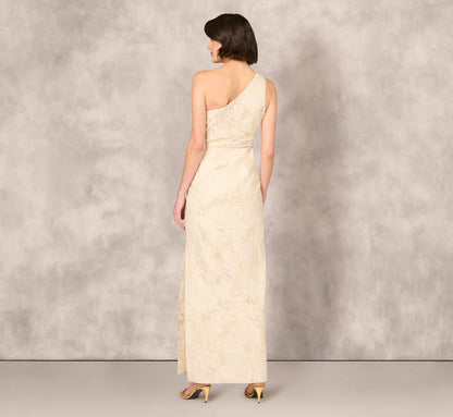 One Shoulder Metallic Stretch Jacquard Column Gown In Light Gold
