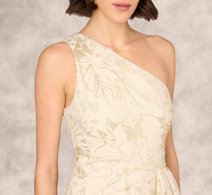One Shoulder Metallic Stretch Jacquard Column Gown In Light Gold