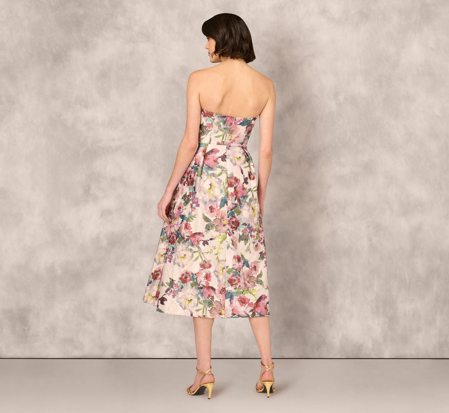 Strapless Floral Jacquard Midi Dress In Pink Multi