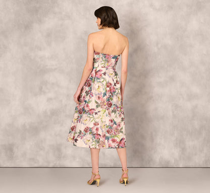 Strapless Floral Jacquard Midi Dress In Pink Multi