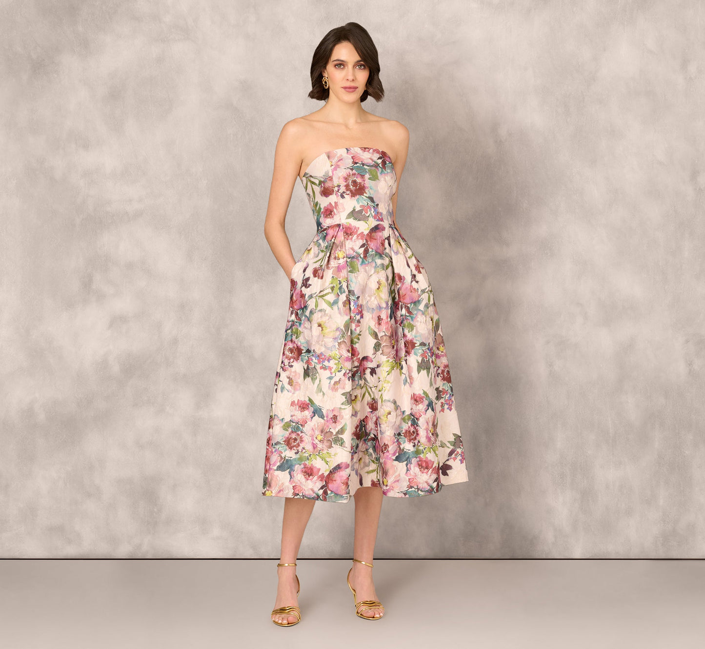 Strapless Floral Jacquard Midi Dress In Pink Multi