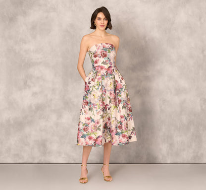 Strapless Floral Jacquard Midi Dress In Pink Multi