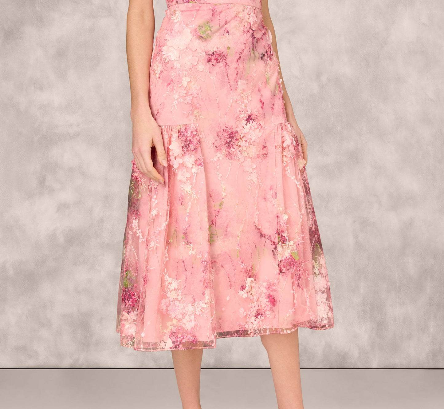 Sleeveless Embroidered Side Flounce Midi Dress In Pink Multi