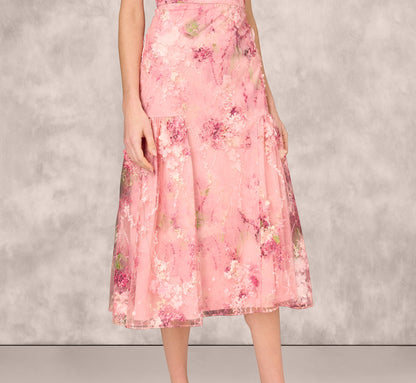 Sleeveless Embroidered Side Flounce Midi Dress In Pink Multi