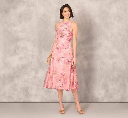Sleeveless Embroidered Side Flounce Midi Dress In Pink Multi